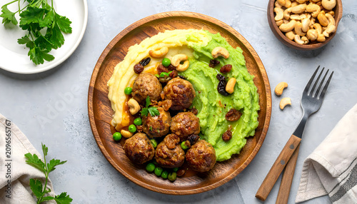 Overhead view of homemade meatballs served with creamy kohlrabi in a rich herb sauce and smooth potato and green pea mash. Garnished with sweet raisins and crunchy cashews, this rustic gourmet meal, 