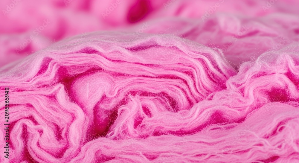 Obraz premium A close-up view of soft pink fiberglass insulation material showing a fluffy texture and thick fibers used for home thermal efficiency, attic, home, house