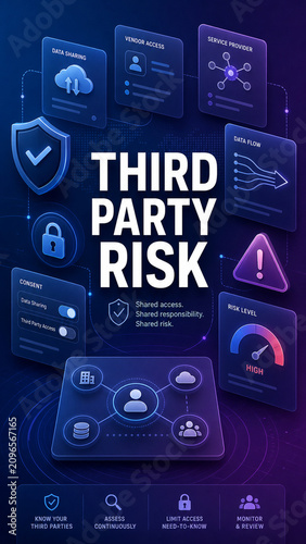 Digital cybersecurity illustration showing third party risk, vendor access, data sharing, consent controls, and risk monitoring dashboard elements.