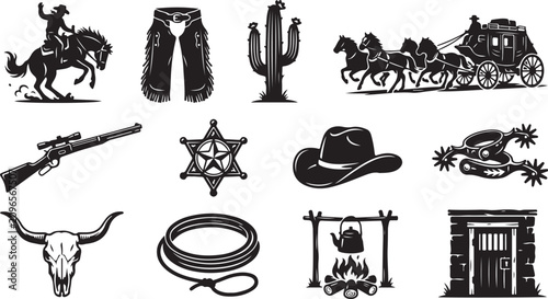 Photos Collection of wild west themed black silhouette featuring a cowboy on a horse, c