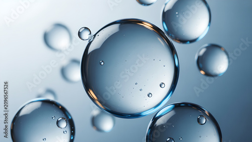Macro close up of transparent water spheres floating in a clean blue liquid environment