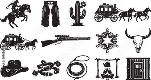 Obraz na płótnie Set of black silhouette representing the american wild west with a cowboy riding