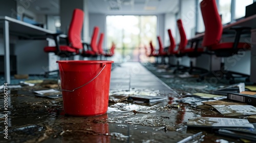 A red bucket collects water in a flooded office with debris on the wet floor near chairs and desks.