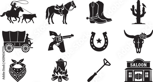 Foto Set of western themed black silhouettes including a cowboy roping a calf, a hors