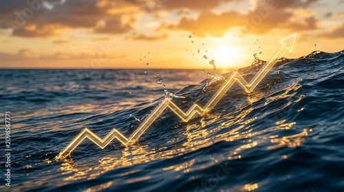 A rising stock market graph superimposed on ocean water droplets representing growth.