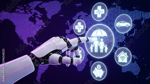 Futuristic robotic hand interacting with digital icons of healthcare, insurance, vehicle, and home technology on a global network background haptic.