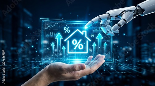 A robotic hand reaches for a glowing digital percentage symbol over a home illustration in a futuristic smart living technology background.
