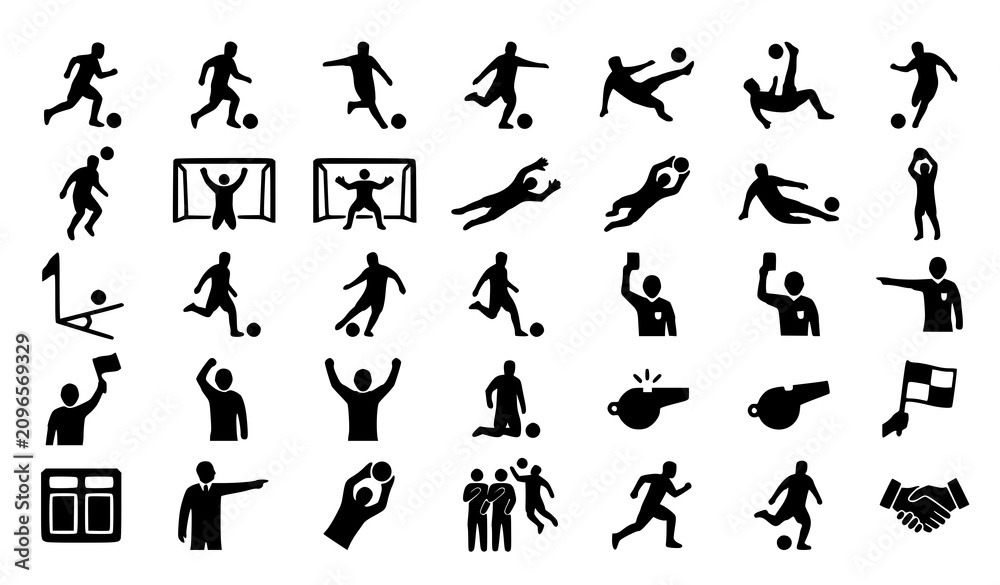 Fototapeta premium Soccer action and referee silhouette icon set with football players kicking dribbling celebrating and official signals isolated on white background