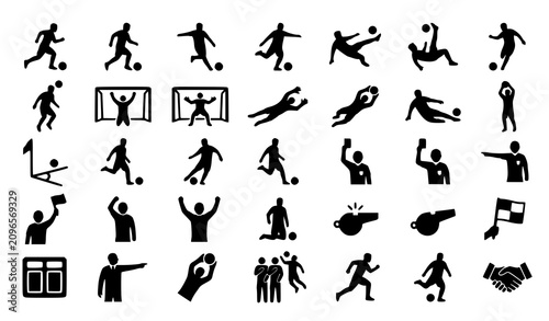 Fotografie Soccer action and referee silhouette icon set with football players kicking drib