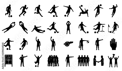 Fotografie Minimal soccer player and referee silhouette vector icon set with football actio