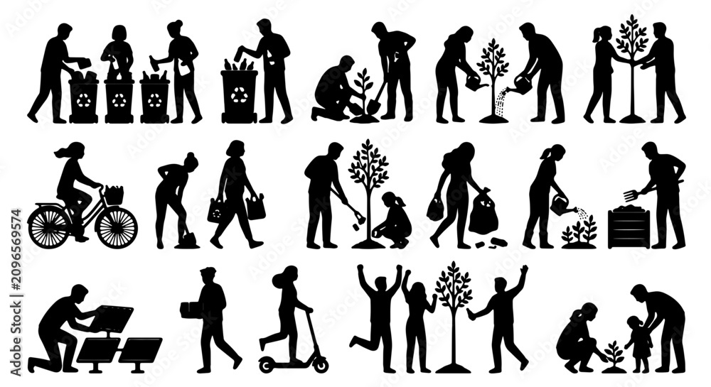 Obraz premium Eco-Friendly Lifestyle Silhouettes: Recycling, Gardening, Cycling, Solar Power, 25 Elements