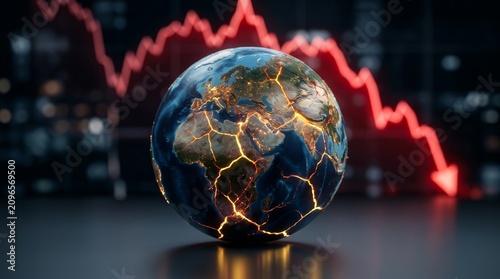 A striking visualization of the world's economy under duress featuring a damaged Earth and a red line of financial instability.