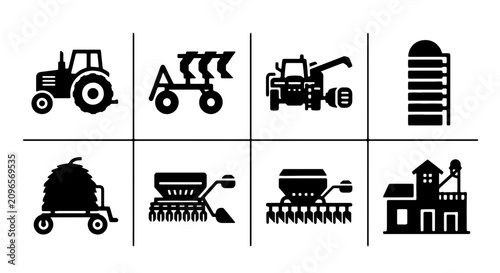 Fotografía Farm Equipment Icons Set, Agricultural Machinery Vector Graphics, Rural Industry