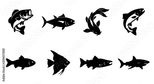 Photography Diverse Fish Silhouettes Collection, Aquatic Life Vector Icons, Marine Animals S