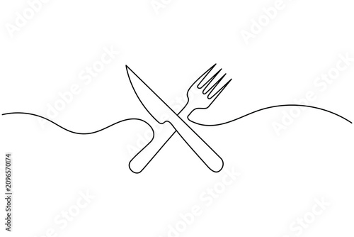 Knife and fork crossed symbol continuous single line art style vector illustration