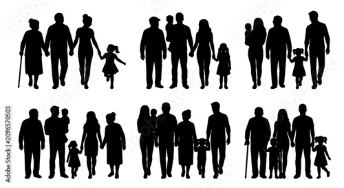 Bild auf Leinwand Diverse Family Silhouettes Collection, Multi-Generational Groups, Human Figures,