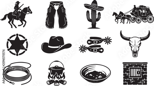 Foto Collection of black silhouette depicting american old west including a cowboy, s