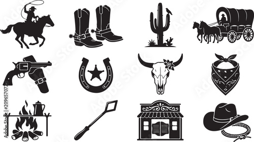 Obraz na plátně Collection of wild west and cowboy themed black silhouette featuring horses, boo