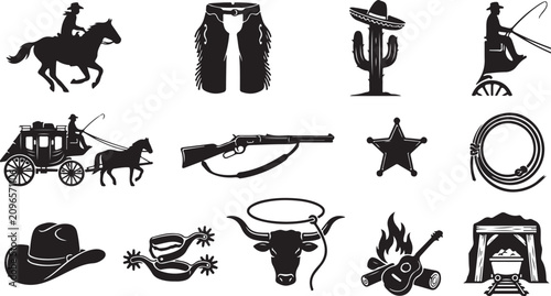 Schilderij op canvas Western and cowboy themed black silhouette set featuring cowboys, chaps, cactus,