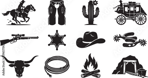Cuadro en lienzo Western set featuring a cowboy on a horse, chaps, cactus, stagecoach, rifle, she