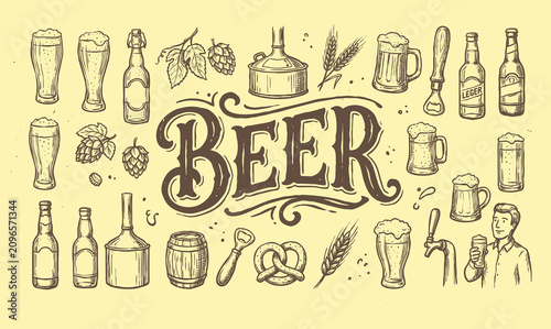 Photography Vintage beer lettering typography design with hand drawn brewery doodles set