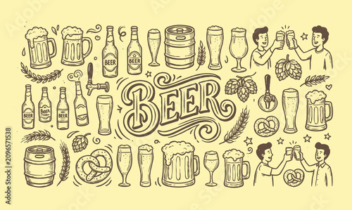 Tableau sur toile Vintage beer lettering typography design with hand drawn brewery doodles set
