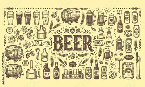 Fotografie Vintage beer lettering typography design with hand drawn brewery doodles set