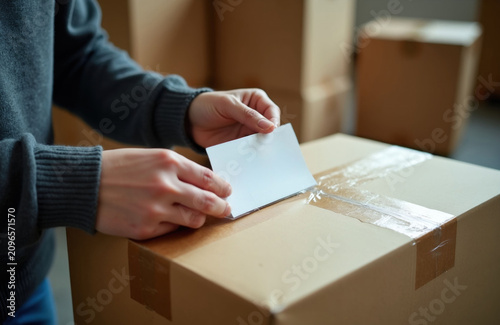 Person puts blank label on cardboard box. Worker prepares parcel for shipment. Many boxes stacked indoors for delivery. Logistics and postal service.