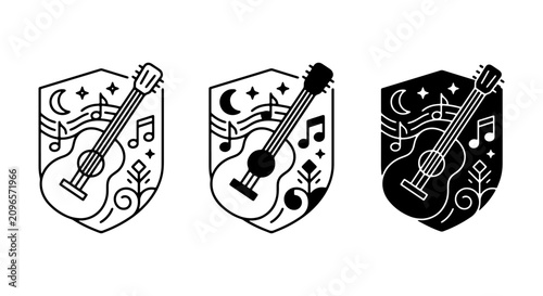 Schilderij op canvas Acoustic Guitar Music Crests, Musical Notes & Moon Vector Icons Set, Folk Song M