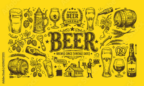 Obraz na plátně Vintage beer lettering typography design with hand drawn brewery doodles set