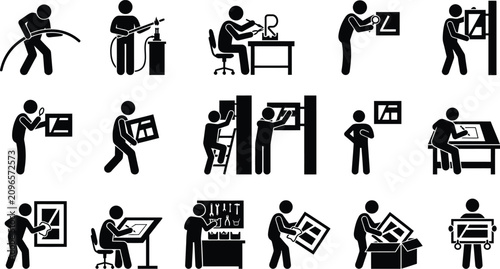 Tableau sur toile Office Worker Pictograms Black Silhouettes On White Background