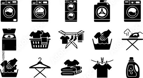 Washing Machine & Laundry silhouette icon set, flat black glyph style, pure white background