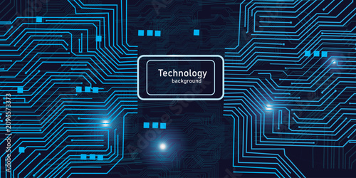 Foto Abstract dark blue motherboard pattern featuring bright cyan glowing circuit paths and digital interface frame