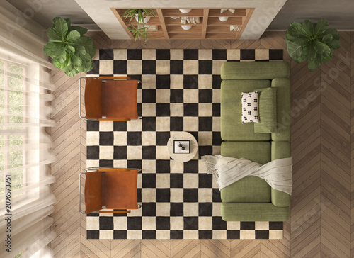Mid century style conceptual dopamine interior room top view