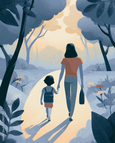Supportive Family Walk With Autistic Child Illustration