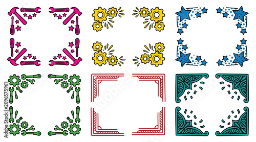 Canvastavla Hand-Drawn Industrial Tools and Gears Decorative Corner Frame Doodle Set - Color