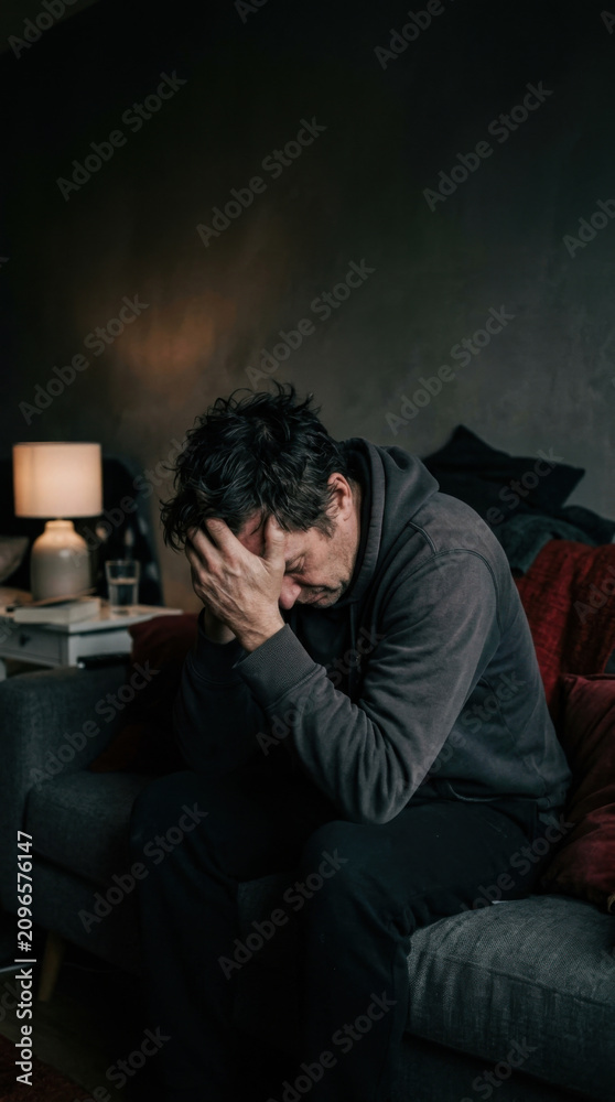Fototapeta premium Man Sitting On Couch Experiencing Sadness And Despair