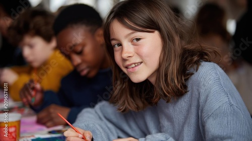 Young girl with shoulder-length brown hair, wearing a gray sweater, sitting at a table and smiling at the camera. she is holding a red pencil and appears to be drawing or drawing on a piece of paper.