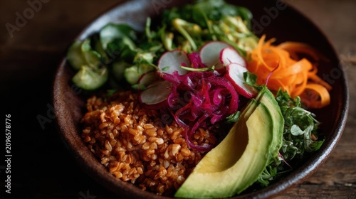 Close-up of a bowl of food. the bowl is made of dark brown ceramic and is placed on a wooden table. the food in the bowl appears to be a salad with a variety of ingredients.