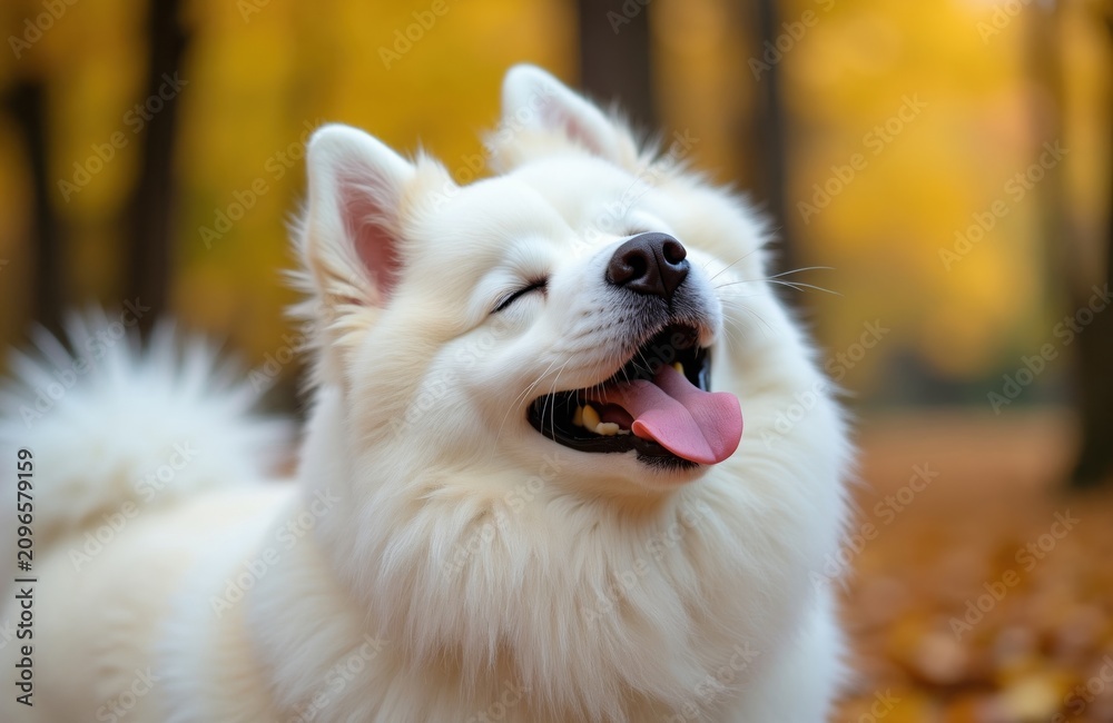 Fototapeta premium White Samoyed dog smiles with closed eyes in autumn park. Fluffy pet enjoys sunny day outdoors with yellow leaves background. Happy canine looks up with tongue out. Adorable domestic animal portrait