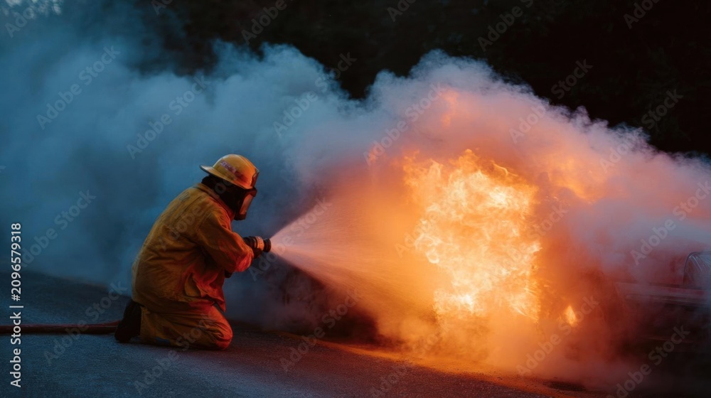 Fototapeta premium Firefighter kneeling on the ground, using a hose to extinguish a fire. the firefighter is wearing a yellow uniform and a helmet, and is holding the hose with both hands.