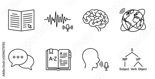 Fotografía Language Learning Icons Set: Speech, Brain, World, Grammar, Audio, Dictionary