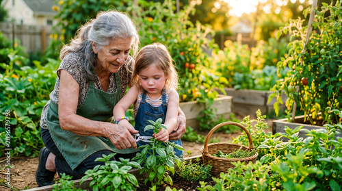 Traditions and connection between generations, elderly Greek woman and her granddaughter collecting basil leaves and spices in garden, aromatic herbs for cooking , copy space traditional recipes