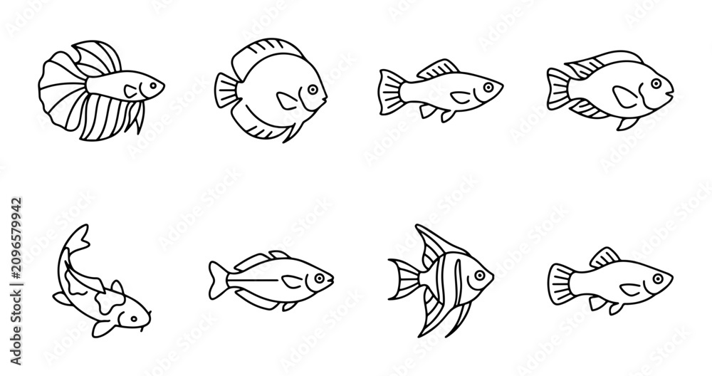 Obraz premium Simple Line Art Fish Icons, Aquatic Animal Vector Collection, Aquarium Pet Silhouettes