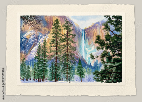 Bridalveil Falls in Yosemite is seen in an ai generated digital watercolor.