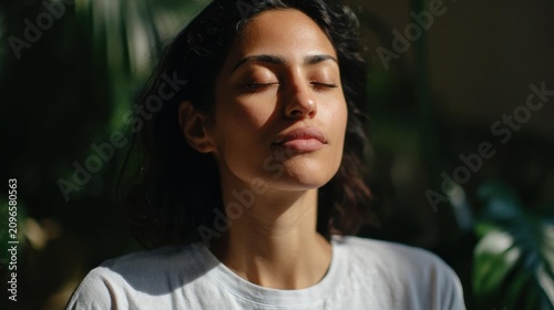Close-up portrait of a young woman with her eyes closed and her head tilted slightly to the side. she appears to be in a peaceful and meditative state.