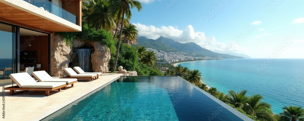 Fototapeta premium Modern luxury villa terrace with infinity pool overlooking ocean, coastal city landscape. Sun loungers sit on wooden deck near rock waterfall. Tropical palms surround hillside retreat with panoramic