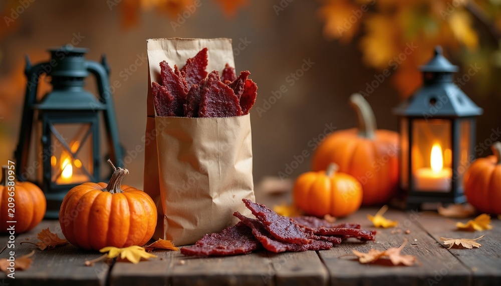 Fototapeta premium Paper bag full of beef jerky on rustic wooden table with pumpkins and lanterns. Autumn fall harvest season snack display. Cozy warm light from candlelit lamps.