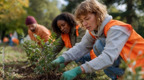 Three people working in a garden or park. they are wearing orange vests and gloves, and appear to be working together to plant a tree.