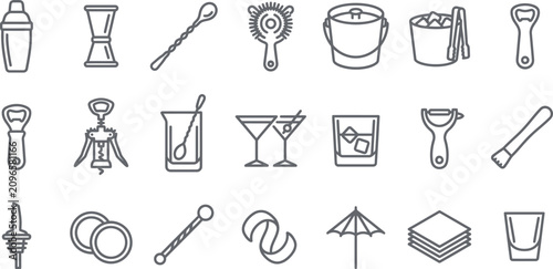 Detailed vector illustration featuring a collection of essential bar tools and classic cocktail beverage icons